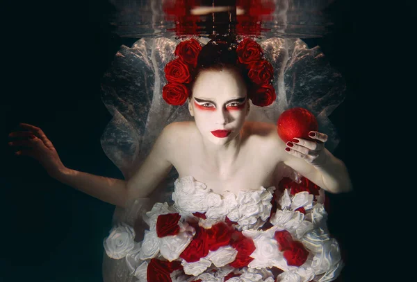 Woman Dress Made White Red Roses Underwater Fairy Tale Art — 图库照片
