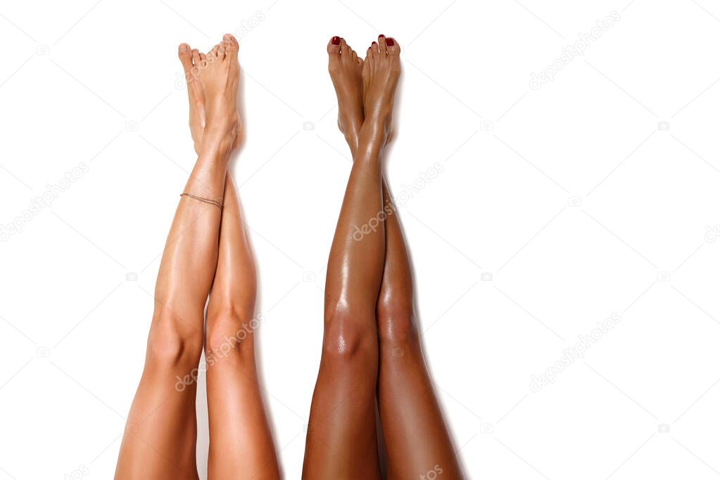 Group of beautiful, smooth light and dark women's legs after laser hair removal. Treatment, technology concept