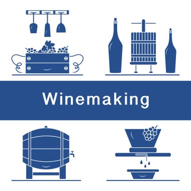 Vektör illüstrasyon Şarap Yapım Süreci. Şişe Şarapları Depolama Festivali için şarap bardaklarıyla dolu sandıklar. İçki dükkanı, alkol, pazar içkisi, şarap tadımı, üzüm bağı.