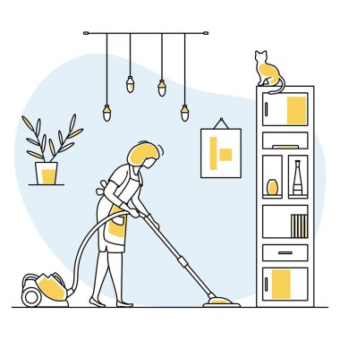 Vektör illüstrasyon Apartmanı Temizlik Hizmetçisi Kadın odayı temizler, Profesyonel Temizlik Hizmetleri Ev işleri Ev işleri web sitesi, uygulama, baskı tasarımı