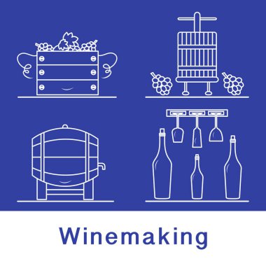 Vektör illüstrasyon Şarap Yapım Süreci. Şişe Şarapları Depolama Festivali için şarap bardaklarıyla dolu sandıklar. İçki dükkanı, alkol, pazar içkisi, şarap tadımı, üzüm bağı.