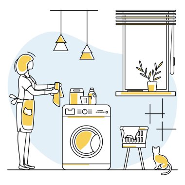 Vector Illustration Apartman Temizlikçisi Hizmetçi Kadın banyoyu temizliyor. Ev işleri için profesyonel hijyen hizmeti. Oda servisi işi. Web sitesi, uygulama, yazdırma için tasarım