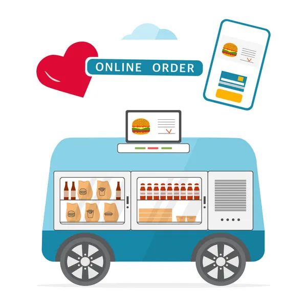 Vektorillustration Fast Food Online Bestellung Für Die Lieferung Durch Selbstfahrenden — Stockvektor