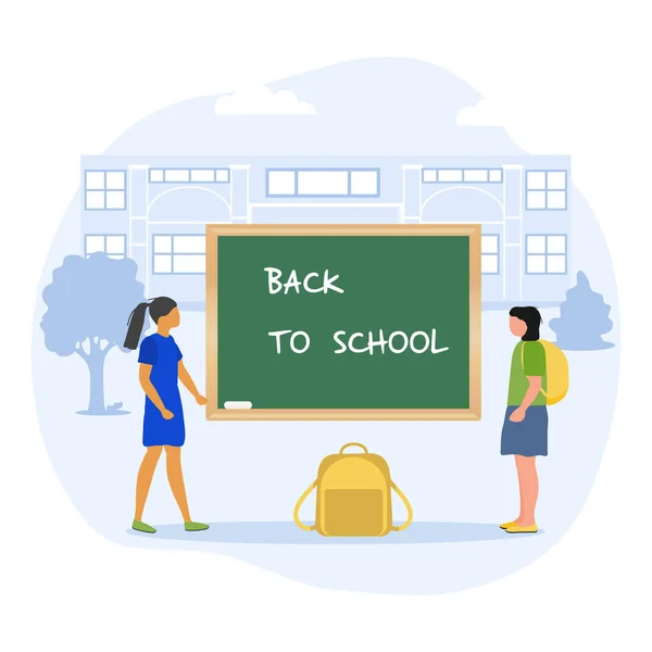 Vector Illustration Children Chalkboard Elementary School Pupils Schoolgirls Excited Start — Stock Vector