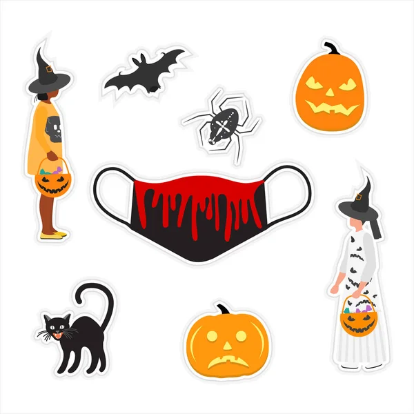 Εικονογράφηση Διάνυσμα Happy Halloween Κόμμα Sticker Σετ Παιδιά Φορώντας Εορταστικά — Διανυσματικό Αρχείο