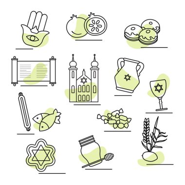 Vektör illüstrasyonu Geleneksel Yahudi sembolü İsrail Yahudiliği Dini bayram bayramı bayramı bayramı bayramı Sukkot Rosh Hashanah Yom kippur Mezuzah Torah Sinagog Yağlı Donut Narı Hamsa