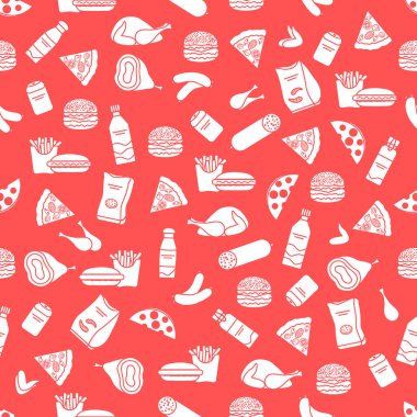 Vektör Yemeksiz Çizimler Fast Food Atıştırmalık Fast Food Piknik Zararlı yeme alışkanlıkları Sağlıksız yaşam tarzı Sosisli Hamburger Peynirli Pizza Patates kızartması Hotdog Tavuklu baskı için tasarım