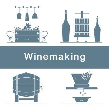 Vektör illüstrasyon Şarap Yapım Süreci. Şişe Şarapları Depolama Festivali için şarap bardaklarıyla dolu sandıklar. İçki dükkanı, alkol, pazar içkisi, şarap tadımı, üzüm bağı.