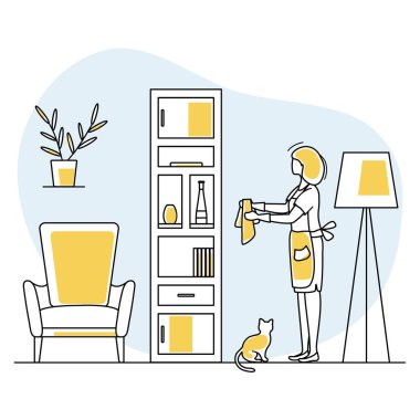 Vektör illüstrasyon Apartmanı Temizlik Hizmetçisi Kadın odayı temizler, toz temizler ev işleri ev işleri ev işleri web sitesi, uygulama, baskı tasarımı