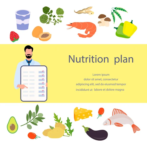 Ernährungsberater Erklärt Ernährungsplan Richtige Ernährung Organische Mahlzeiten Planung Diätmenschen Gesunder — Stockvektor