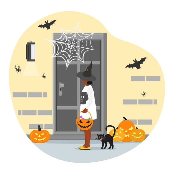 Εικονογράφηση Διάνυσμα Καλή Halloween Κορίτσι Που Φοράει Γιορτινά Ρούχα Γιορτάζει — Διανυσματικό Αρχείο