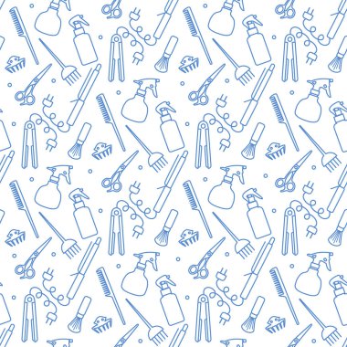 Vektörsüz desenli, profesyonel kuaför aletleri berber kuaför kuaför kuaför cazibe moda moda moda tarağı, saç düzleştirici, makas, parmak izi tasarımı.