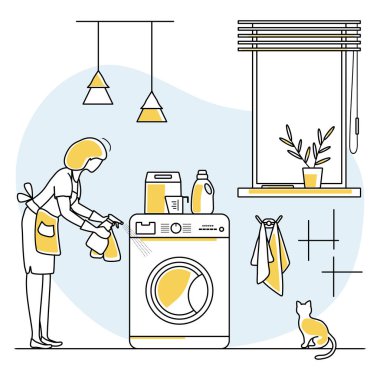 Vector Illustration Apartman Temizlikçisi Hizmetçi Kadın banyoyu temizliyor. Ev işleri için profesyonel hijyen hizmeti. Oda servisi işi. Web sitesi, uygulama, yazdırma için tasarım