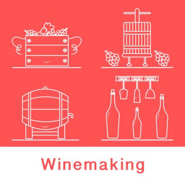 Vektör illüstrasyon Şarap Yapım Süreci. Şişe Şarapları Depolama Festivali için şarap bardaklarıyla dolu sandıklar. İçki dükkanı, alkol, pazar içkisi, şarap tadımı, üzüm bağı.