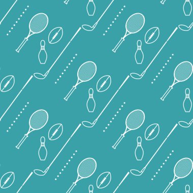 Bowling pimi, tenis raketi, rugby topu, golf sopası. Spor teması. Oyun, hobi, eğlence. Spor malzemeleri. Paket, kumaş veya yazdırma için tasarım.