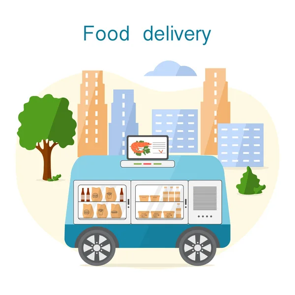 Векторная Иллюстрация Fast Food Online Order Delivery Self Driving Transportation — стоковый вектор