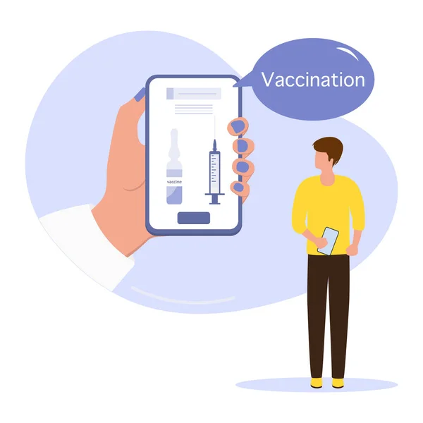 Ilustração Vetor Telefone Celular Seringa Mão Frasco Vacina Covid Convite —  Vetores de Stock
