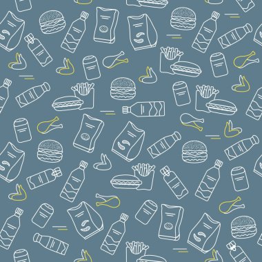 Vektör Yemeksiz Çizim Fast Food Atıştırmalık Fast Food Piknik Zararlı yeme alışkanlıkları Sağlıksız yaşam tarzı Patates kızartması Tekstil, ambalaj, baskı için Hotdog Tavuk Tasarımı
