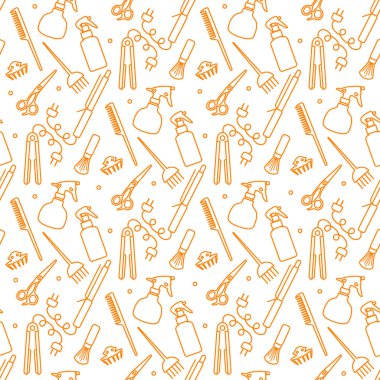 Vektörsüz desenli, profesyonel kuaför aletleri berber kuaför kuaför kuaför cazibe moda moda moda tarağı, saç düzleştirici, makas, parmak izi tasarımı.