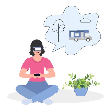 Sanal gerçeklik gözlüğü takan vektör illüstrasyonlu kadın seyahat planı, karavanda tatil gezisi. VR kulaklık Özellik simülasyonu Modern eğlence artırılmış gerçeklik yaratma kavramını gözünde canlandır