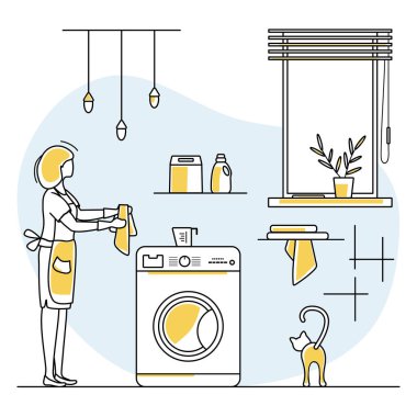 Vector Illustration Apartman Temizlikçisi Hizmetçi Kadın banyoyu temizliyor. Ev işleri için profesyonel hijyen hizmeti. Oda servisi işi. Web sitesi, uygulama, yazdırma için tasarım