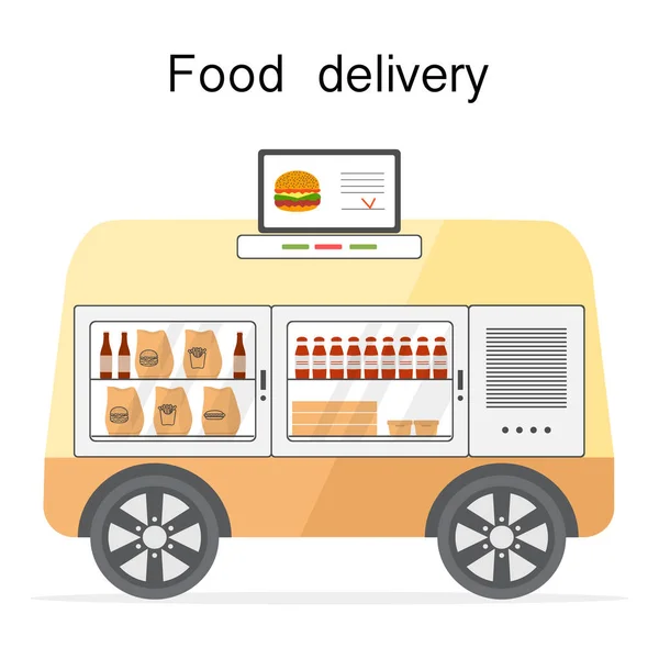 Ilustración Vectorial Pedido Línea Comida Rápida Para Entrega Mediante Transporte — Vector de stock