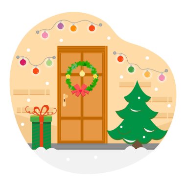 Vektör illüstrasyonu. Mutlu yıllar 2022. Mutlu Noeller kutluyoruz. Noel ağacı. Ev dekoru. Ev, ön kapı kış tatili için dekore edilmiş. Hediye. Noel Çelengi Ampulü