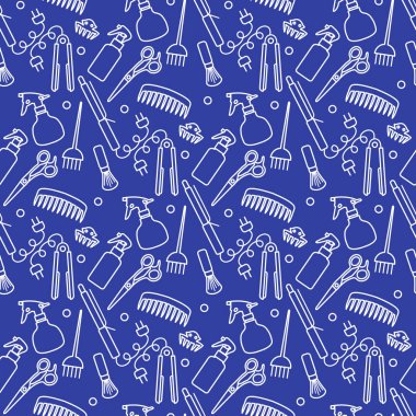 Vektörsüz desenli, profesyonel kuaför aletleri berber kuaför kuaför kuaför cazibe moda moda moda tarağı, saç düzleştirici, makas, parmak izi tasarımı.