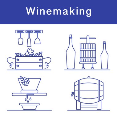 Vektör illüstrasyon Şarap Yapım Süreci. Şişe Şarapları Depolama Festivali için şarap bardaklarıyla dolu sandıklar. İçki dükkanı, alkol, pazar içkisi, şarap tadımı, üzüm bağı.