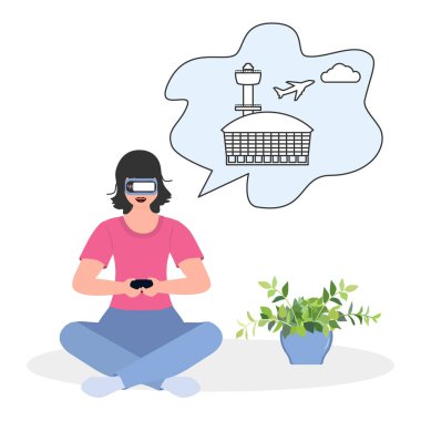 Sanal gerçeklik gözlüğü takan vektör illüstrasyonlu kadın seyahat planı, tatil için havaalanından kalkış. VR kulaklık. Özellik artırılmış gerçeklik simülasyonu. Modern eğlence. Görselleştir