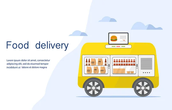 Векторная Иллюстрация Fast Food Online Order Delivery Self Driving Transportation — стоковый вектор