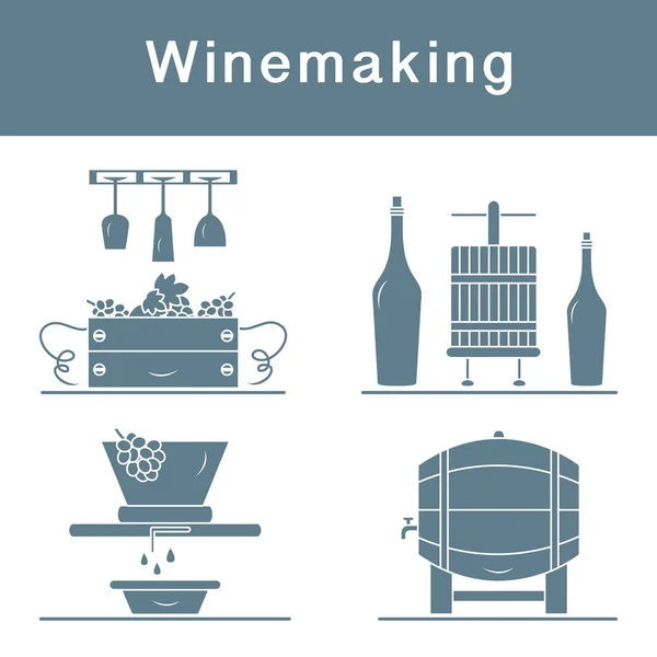 Vector Illustratie Wijnbereiding Proces Kratten Vol Druiven Wijnglazen Pers Voor — Stockvector
