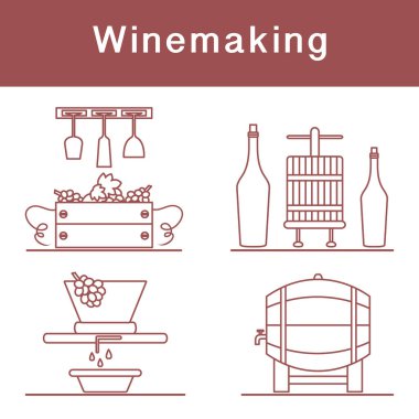 Vektör illüstrasyon Şarap Yapım Süreci. Şişe Şarapları Depolama Festivali için şarap bardaklarıyla dolu sandıklar. İçki dükkanı, alkol, pazar içkisi, şarap tadımı, üzüm bağı.