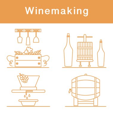 Vektör illüstrasyon Şarap Yapım Süreci. Şişe Şarapları Depolama Festivali için şarap bardaklarıyla dolu sandıklar. İçki dükkanı, alkol, pazar içkisi, şarap tadımı, üzüm bağı.