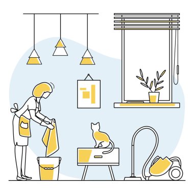 Vektör illüstrasyon Apartmanı Temizlik Hizmetçisi Kadın odayı temizler, toz temizler ev işleri ev işleri ev işleri web sitesi, uygulama, baskı tasarımı