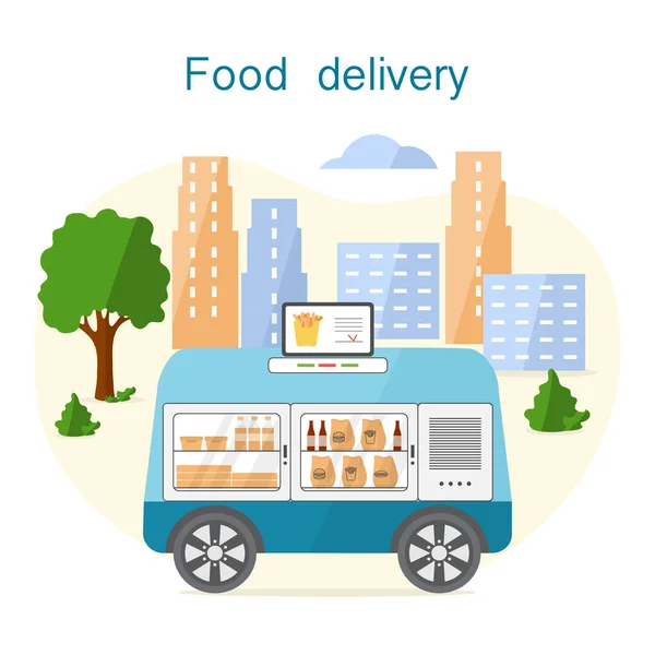 Векторная Иллюстрация Fast Food Online Order Delivery Self Driving Transportation — стоковый вектор