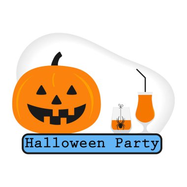 Mutlu Cadılar Bayramı. Vektör illüstrasyon yazıtları Cadılar Bayramı partisi, cam, örümcek, Jack O 'Lantern balkabağı. Kutlama yapıyoruz. Şenlik arka planı. İçecek Çubuğu Tasarım Kartı, Yazdır