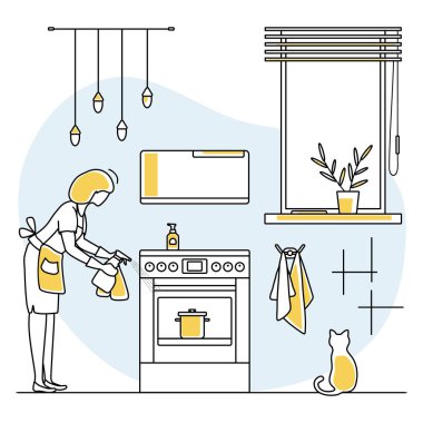 Vektör illüstrasyon Apartman Temizlik Hizmetçisi Kadın sobayı temizliyor. Profesyonel temizlik hizmetleri ev işleri mutfak temizliği iş tasarımı web sitesi, uygulama, baskı