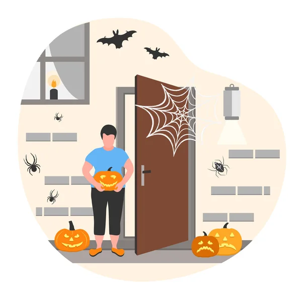 Εικονογράφηση Διάνυσμα Καλή Halloween Γιορτή Γιορτάζουμε Άνθρωπος Διακοσμεί Σπίτι Αυλή — Διανυσματικό Αρχείο