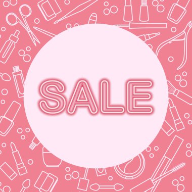 Vector Illustration Dekoratif Kozmetik Makyaj Mağazası Şimdi Alışveriş Mağazası Fiyat azaltma reklam indirimi Ruj Satın Alma Reklamı Ruj Fırçası Mascara Krem Yağ Moda Moda