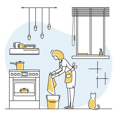 Vektör illüstrasyon Apartman Temizlik Hizmetçisi Kadın sobayı temizliyor. Profesyonel temizlik hizmetleri ev işleri mutfak temizliği iş tasarımı web sitesi, uygulama, baskı