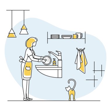 Vektör illüstrasyon Apartmanı Temizlik Hizmetçisi Kadın bulaşıkçı Ev işleri için profesyonel temizlik hizmetleri web sitesi, uygulama, baskı tasarımı