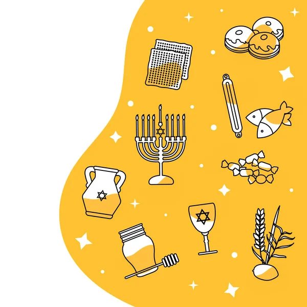 Візуалізація Menorah Matzo Oil Pitcher Honey Donut Israel Judaism Religious — стоковий вектор