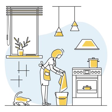 Vektör illüstrasyon Apartman Temizlik Hizmetçisi Kadın sobayı temizliyor. Profesyonel temizlik hizmetleri ev işleri mutfak temizliği iş tasarımı web sitesi, uygulama, baskı