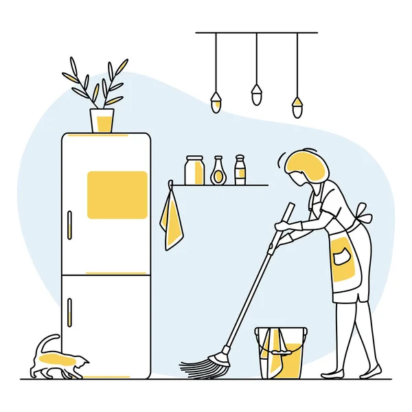 ベクトルイラストアパートクリーニングメイドサービス女性は台所をきれいにします プロの衛生サービス家事家事家事ウェブサイト アプリ 印刷のための住宅事業デザイン — ストックベクタ
