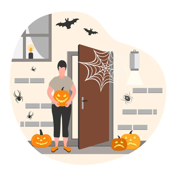 Εικονογράφηση Διάνυσμα Καλή Halloween Γιορτή Γιορτάζουμε Άνθρωπος Διακοσμεί Σπίτι Αυλή — Διανυσματικό Αρχείο