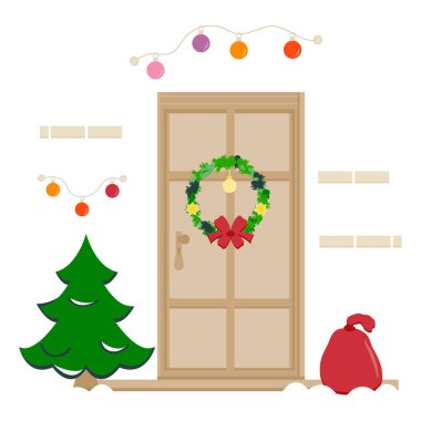 Vektör illüstrasyonu. Mutlu yıllar 2022. Mutlu Noeller kutluyoruz. Noel ağacı. Ev dekoru. Ev, ön kapı kış tatili için dekore edilmiş. Hediye. Noel Çelengi Ampulü