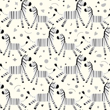 Vahşi yaşam Afrika Doğa kusursuz desenli Vektör illüstrasyonlu Afrikalı gülümseyen zebra. Safari Hayvanat Bahçesi Savanna Çocuk Çizimi