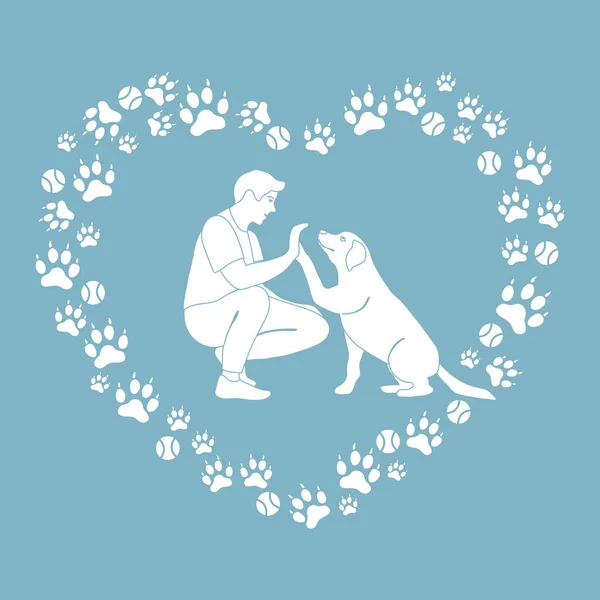 Vektorová Ilustrace Muž Labrador Hrát Společně Pes Dává Tlapky Pozadí — Stockový vektor