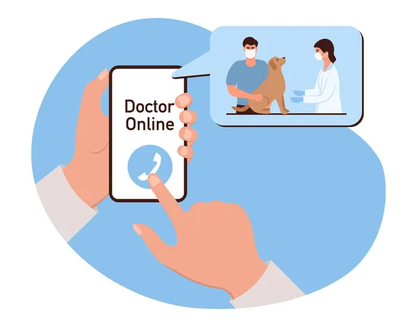 Illustrazione Vettoriale Consultazione Vet Doctor Online Mani Tenere Telefono Cellulare — Vettoriale Stock